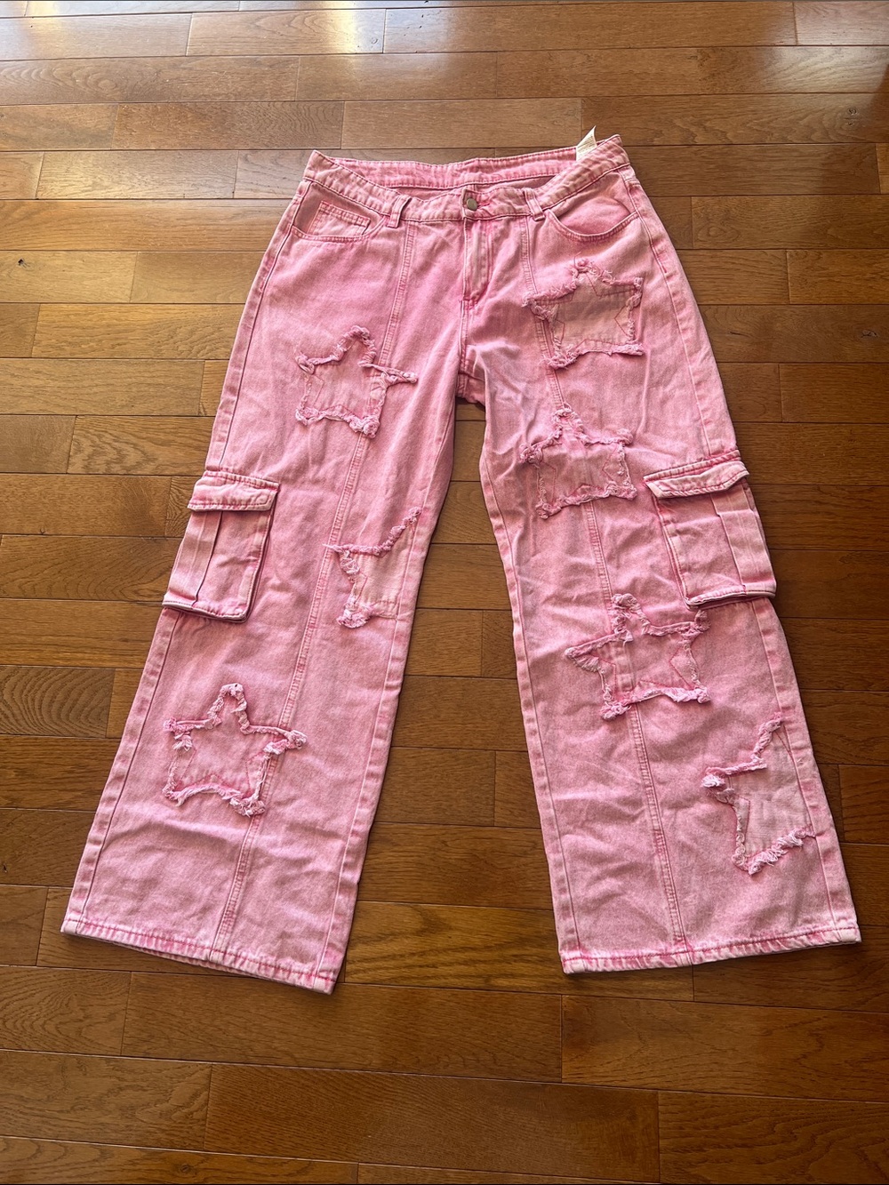 πSHEIN Boho Pink Distressed Star Cargo Wide-Leg Jeans-32π